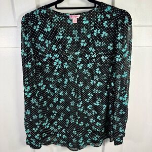 Candies Black Aqua Floral Polka Dot Sheer Long Sleeve Blouse Top XL